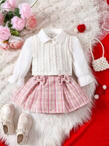 SHEIN 寶寶女孩純色襯衫＆格紋裙子＆背心套裝