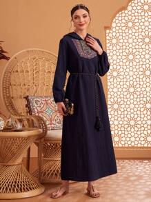 Al Najma Women's Long Sleeve Hooded Modest Casual Djellaba Dress - Navy Blue - View 4