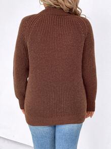 SHEIN LUNE Plus Size Women's Stand Collar Raglan Sleeve Pullover Sweater Knit Pullover Fall Winter Sweater - Coffee Brown - View 2