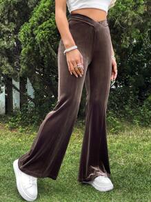 Soleia 不對稱腰高腰喇叭褲 - 棕色 - 查看 1