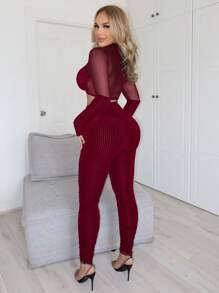 SHEIN SXY Mesh Panel Velvet Cropped Top And Pants Two Piece Set - Red - View 2