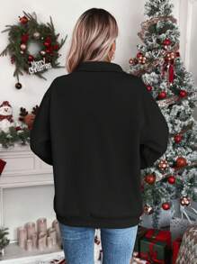 SHEIN LUNE Áo nỉ cổ kéo khóa nửa thân in họa tiết Giáng sinh, áo nỉ mùa thu. - màu đen - Xem 2