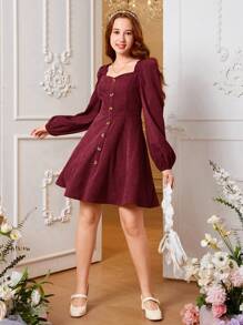 SHEIN Cô gái Màu thuần Vải to sợi Đầm giản dị Với Người yêu Vòng cổ Và Tay áo đèn lồng - Màu Đỏ Sâu - Xem 6