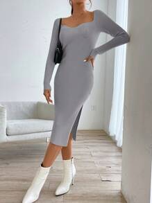 SHEIN Privé Solid Color Knitted Dress With Sweetheart Neck And High Slit - Grey - View 6