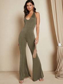 SHEIN BAE Của phụ nữ Màu thuần Halter Neck Áo liền quần Với Pháo sáng Chân - xanh quân đội - Xem 8