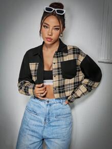 SHEIN EZwear Ladies' Plaid Patchwork Cropped Shirt - Black - View 6