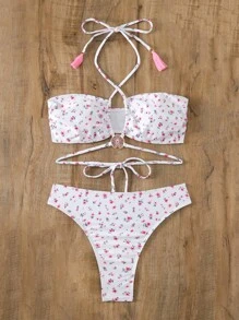 SHEIN Swim Summer Floral Print Cross Halter Neck Bikini Set - Multicolor - View 3