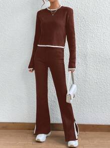 SHEIN Unity 撞色休閒圓領毛衣2/套 - 咖啡棕 - 查看 4