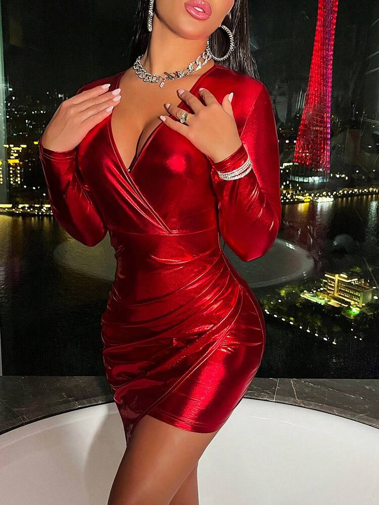 Allurite 女裝交叉設計褶裥修身連衣裙 - 酒紅色 - 查看 4