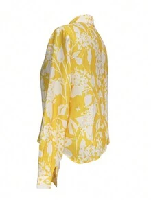 春秋新款印花翻领休闲宽松亲肤长袖亚麻女衬衫长袖上衣 - 黃色 - 查看 3