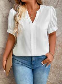 大尺碼女泡泡袖短襯衫 - 白色 - 查看 5