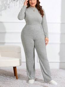 SHEIN Essnce 大碼小高領下擺開叉T恤和褲子 - 淺灰色 - 查看 5