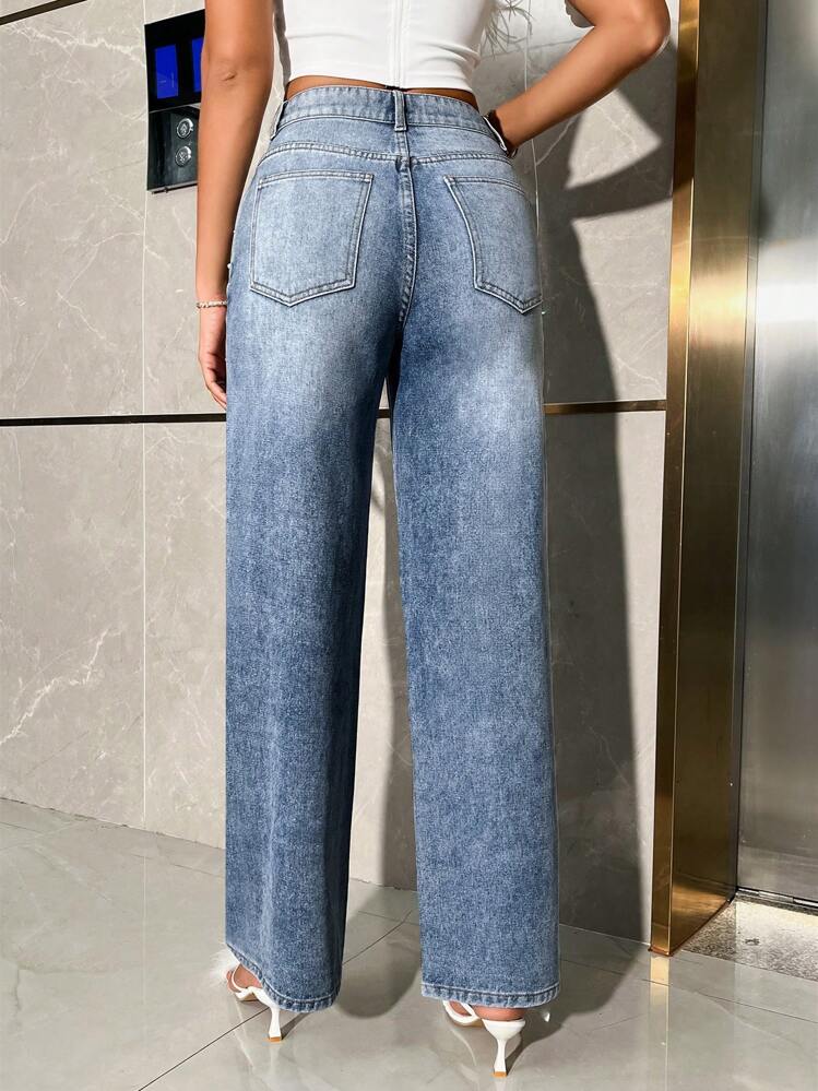 SHEIN BAE Ladies' Rhinestone Embellished Straight Leg Jeans - Blue - View 2