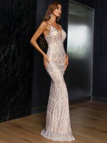 Elisanya Váy dạ hội sequin khóa kéo lưới tương phản, váy dạ hội trang trọng, dành cho khách dự tiệc cưới, tốt nghiệp, tiệc tối, váy dự tiệc - Rượu sâm banh - Xem 5