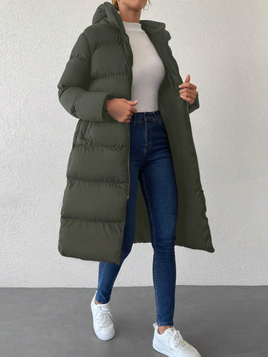 EURMUSE Zip Up Hooded Puffer Coat - Dark Green - View 1