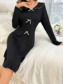 Color Block Lace Trimmed Sleep Dress Pajama Dress With Bowknot Decoration - Black - View 1