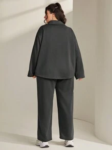 Mulvari Plus Size Women'S Letter Patchwork Turn-Down Collar Sweatshirt And Long Pants Set - Dark Grey - View 2