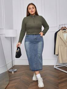 SHEIN Essnce Plus Size Women'S Zipper Front Ribbed T-Shirt - Army Green - View 4