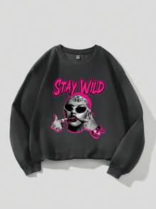 SHEIN EZwear Ladies' Character & Alphabet Print Thermal Lined Sweatshirt - Dark Grey - View 1