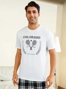 Men's Casual Homewear Top With Graphic Print - White - View 3