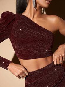 SHEIN BAE 單肩褶皺短款性感兩件套裝 - 酒紅色 - 查看 6