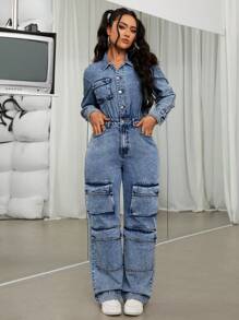 SHEIN ICON Của phụ nữ Cargo Denim Áo liền quần - Rửa trung bình - Xem 1
