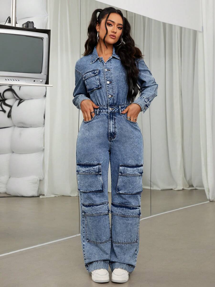 SHEIN ICON Của phụ nữ Cargo Denim Áo liền quần - Rửa trung bình - Xem 1