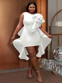 Đầm dự tiệc xếp nếp viền bất đối xứng cỡ lớn cho nữ - trắng - Xem 7