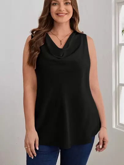 EMERY ROSE Plus Size Women's Black Draped Collar Sleeveless Top For Spring Cowl Neck Topblack Tops For Womensleeveless For Women Blouse