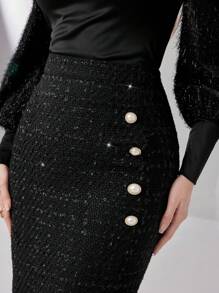 Modelyn Button Front Raw Hem Tweed Skirt - Black - View 5