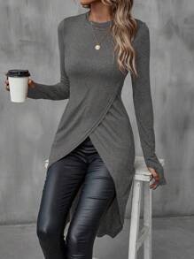 SHEIN LUNE Women's Round Neck Asymmetrical Hem T-Shirt - Grey - View 5