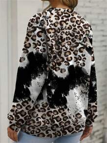 SHEIN EZwear 帶有文字和豹紋印花的長袖休閒衫 - 彩色 - 查看 2