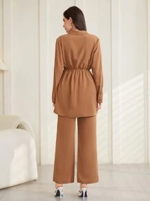 Mulvari Drawstring Waist Flip Detail Shirt And Pants Set 2 Piece Set - Khaki - View 2