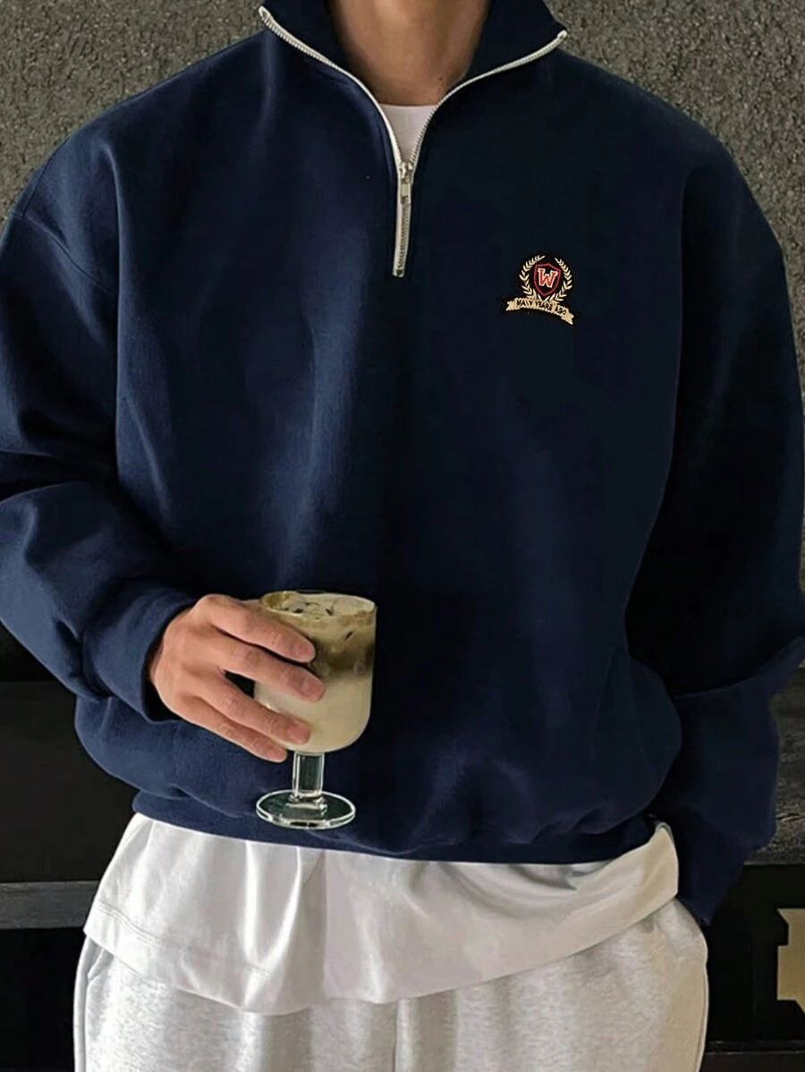 Claim Dot Men Casual Loose Stand Collar Letter Pattern Drop Shoulder Quarter Zip Sweatshirt, Fall, Long Sleeve Top