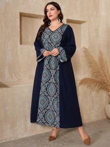 Al Najma Plus Size Floral Print V-Neck Long Sleeve Dress Kaftan Jalabiya Dress - Blue - View 3