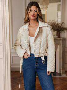 SHEIN Frenchy 菱形格纹压花拉链衬垫大衣 - 米色 - 查看 5