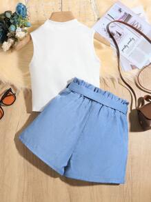 SHEIN Tween Girl Solid Color Vest And Shorts 2pcs/Set