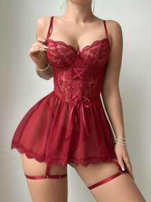 女士性感內衣附胸墊連鑲花吊帶襪襪帶丁字褲3件套裝 - 酒紅色 - 查看 3