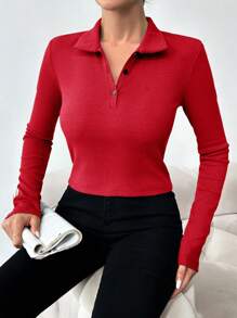 SHEIN Cottnline Solid Polo Neck Tee - Red - View 3