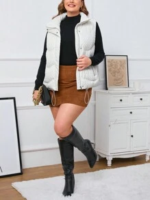 SHEIN Privé Plus Size Women Textured Zipper Front Casual Vest Jacket, Winter