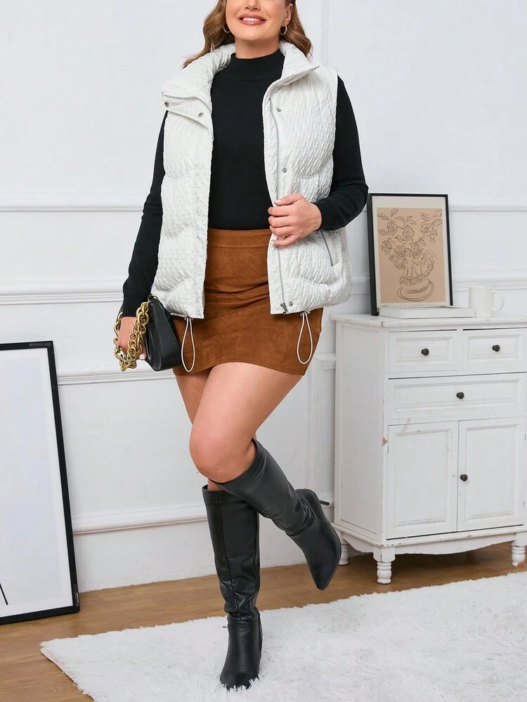 Plus Size Women Textured Zipper Front Casual Vest Jacket, Winter