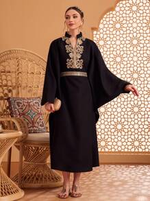 Al Najma Embroidered Patchwork Notched-Neck Batwing Sleeve Dress Kaftan Jalabiya Dress - Black - View 1