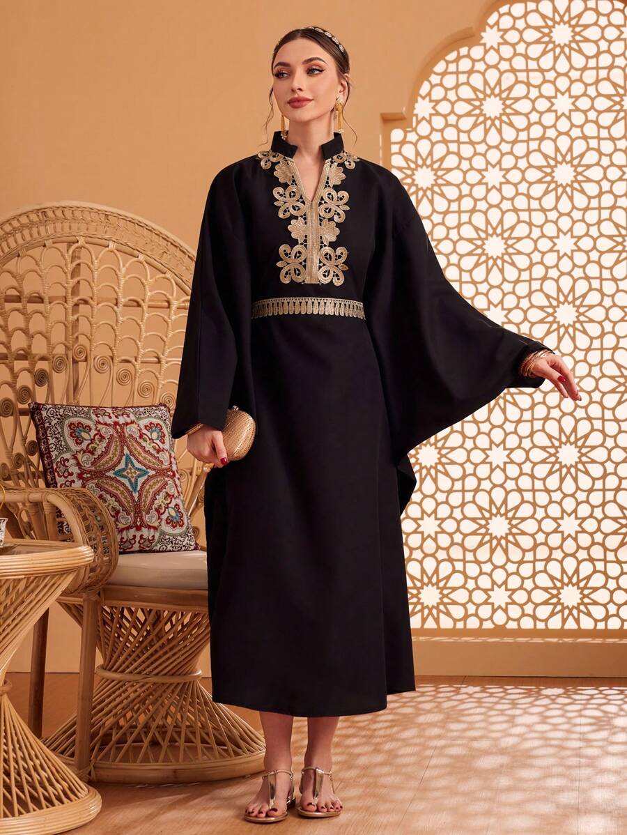 Al Najma Embroidered Patchwork Notched-Neck Batwing Sleeve Dress Kaftan Jalabiya Dress - Black - View 1