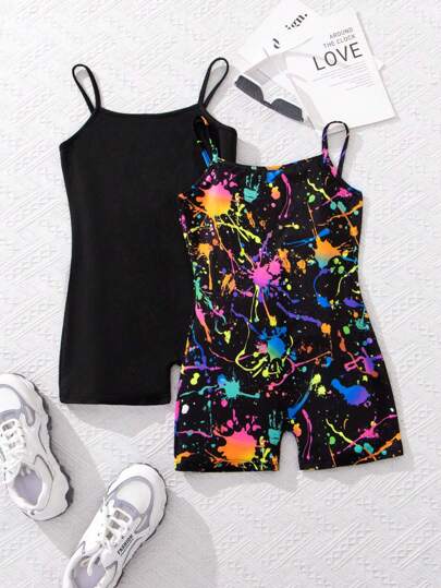 Conjunto De Monos De Tirantes Tejidos Para Niñas Con Diseño unicolor Y Patrón De Graffiti