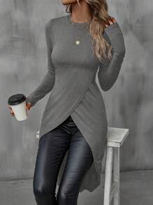 SHEIN LUNE Women's Round Neck Asymmetrical Hem T-Shirt - Grey - View 6