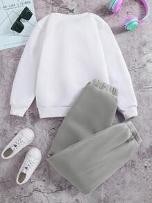 SHEIN Tween Girls Crew Neck Long Sleeve Sweatshirt And Sweatpants Set, Casual Sports Outfit With Thermal Lined, Autumn/Winter - Light Grey - View 2