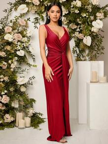 SHEIN Belle Burgundy Red Deep V-Neck Sleeveless Bridesmaid Dress With Waist Knot Detail, Wedding Guest Dress Party Dress Formal Dress Evening Dress,Gown