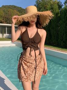 DAZY Tankini de traje de baño con parte trasera abierta y cordón acanalado para el verano y la playa - Café integral - Ver 4