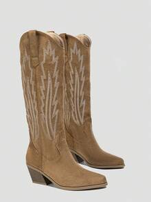 Women's Casual Western Style Embroidery Slip-on Velvet Winter Fashion Boots With Pointed Toe - Khaki - View 4