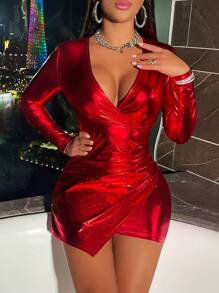 Allurite 女裝交叉設計褶裥修身連衣裙 - 酒紅色 - 查看 1